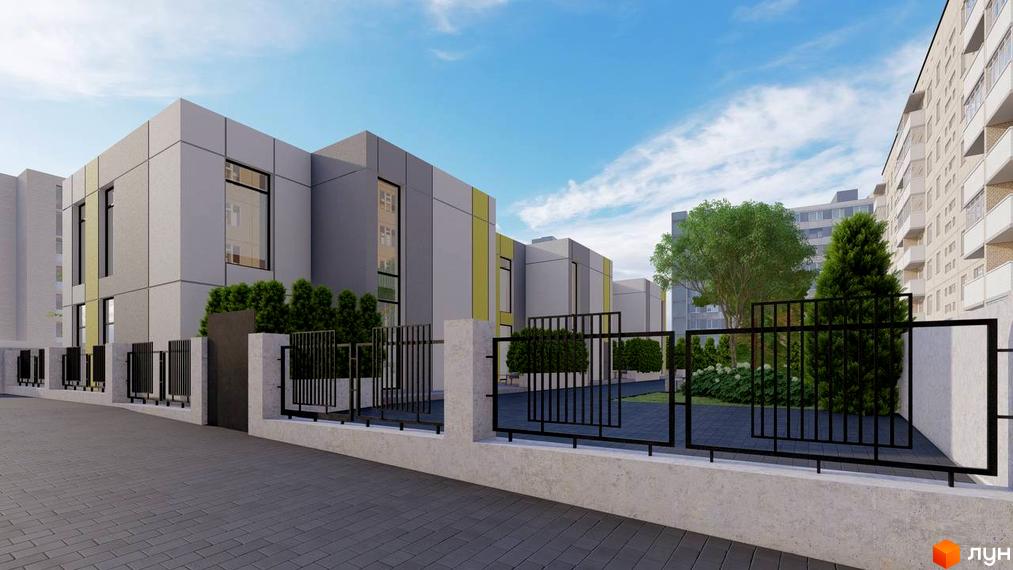 Зовнішній вигляд будівельного проєкту ART HOUSE з сірими фасадами, чорною огорожею та доглянутою прибудинковою територією з деревами та кущами.