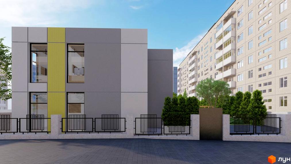 Зображення фасаду та прибудинкової території Будівельного проєкту ART HOUSE. Вигляд на будівлю та огорожу.