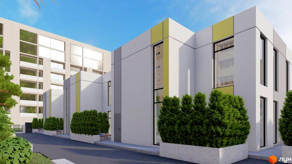 Зображення сторінки житлового комплексу ART HOUSE: білі будинки з великими вікнами та декоративними вставками, перед будинками зелені насадження та доріжка.