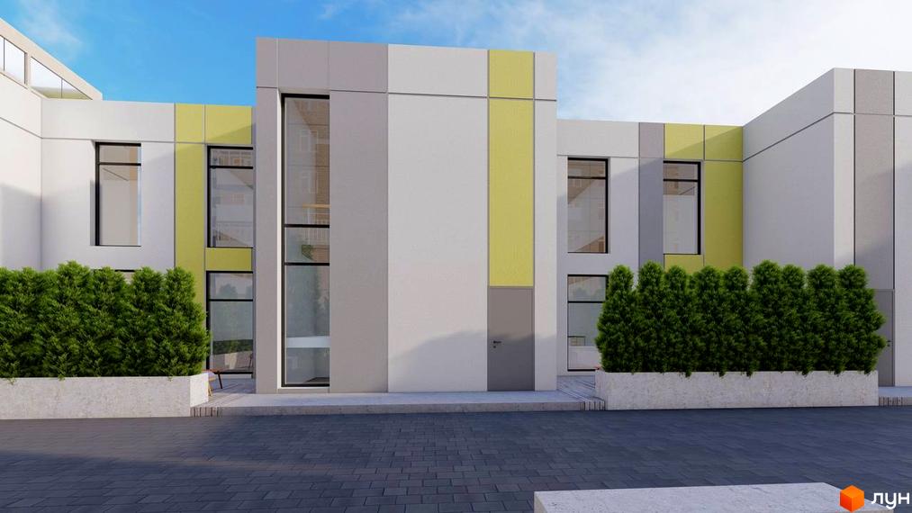 Фасад будівлі житлового комплексу ART HOUSE з великими вікнами та декоративними елементами. На передньому плані зелені насадження та бруківка.