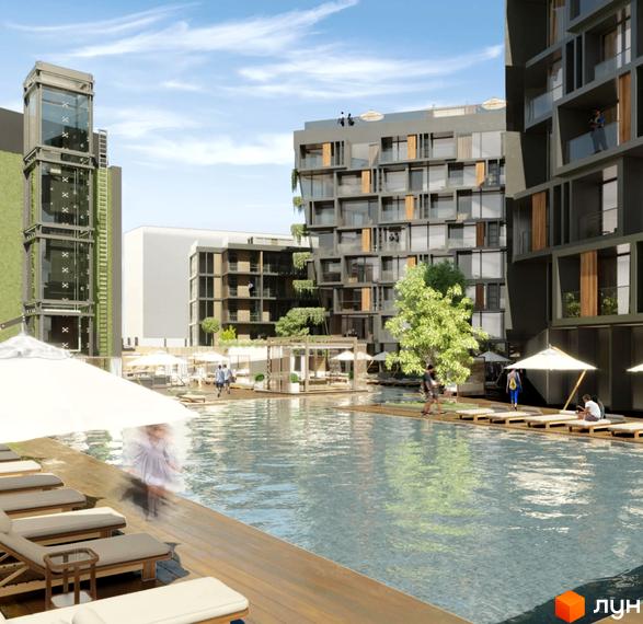 Багатоповерховий будинок M1 Club Apartments з панорамними вікнами та басейном на території. Навколо будівлі розташовані зони відпочинку з шезлонгами та парасольками.