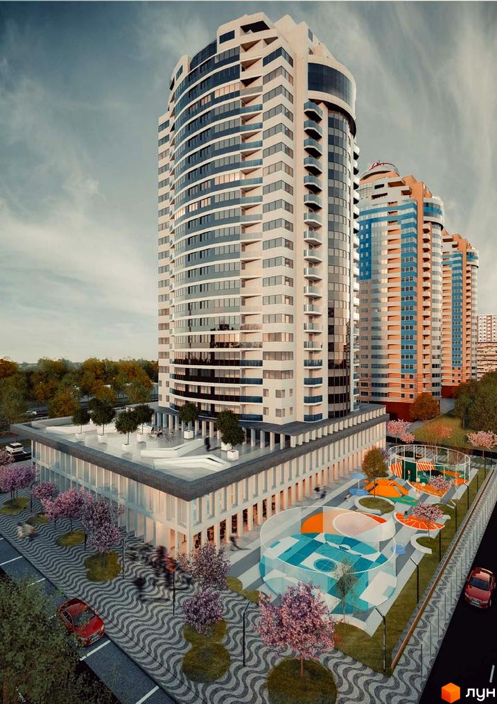 The First House - висотна новобудова з панорамними вікнами та сучасною прибудинковою територією з дитячим майданчиком.