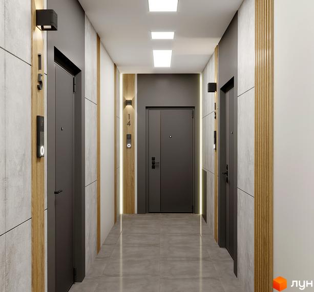 Коридор ЖК Дубовий Гай з дверима та оздобленням з дерева та світлодіодним підсвічуванням, сіра плитка на підлозі.