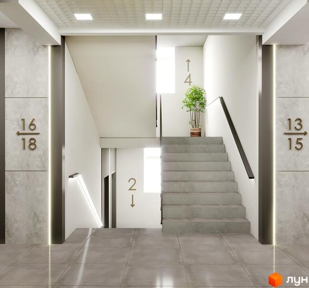 Інтер'єр ЖК Дубовий Гай: сходовий майданчик з ліфтом, сходами та покажчиками номерів квартир. Сірі стіни та підлога, рослина в горщику.