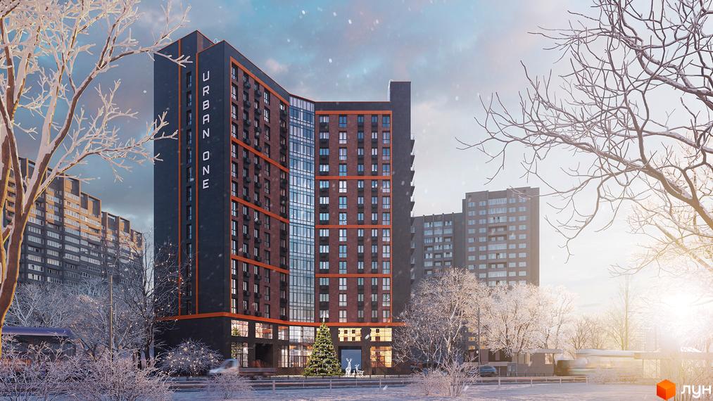 Висотна будівля житлового комплексу Urban One Klochkivska з цегляним фасадом та панорамними вікнами, вкрита снігом прибудинкова територія з деревами.
