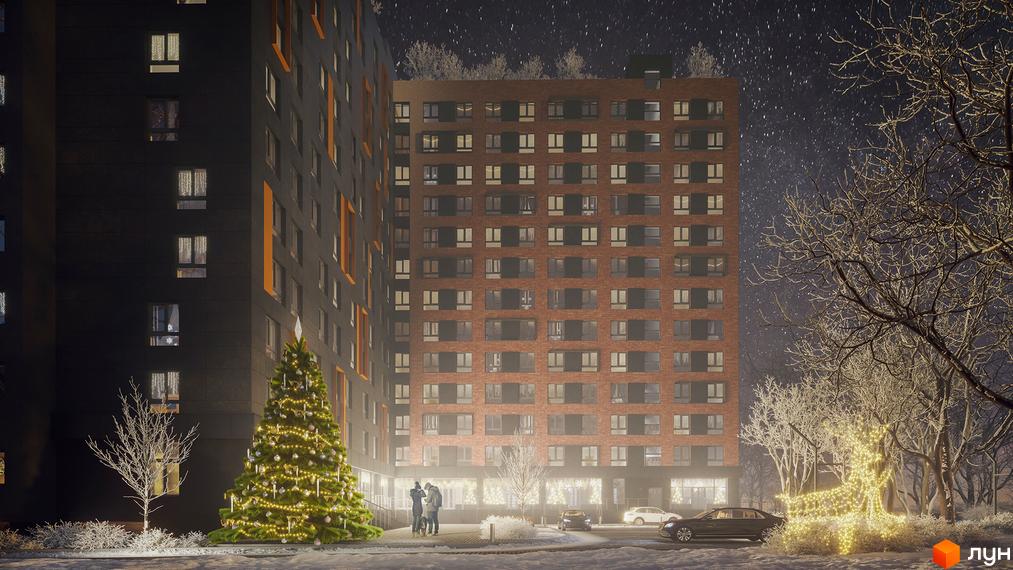 Urban One Sumskaya: цегляний житловий комплекс вночі, прикрашений ялинкою та святковою ілюмінацією, що створює атмосферу затишку.