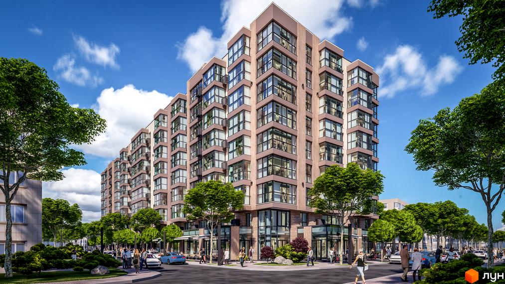 Висотна будівля ЖК PARKOVIY з великими вікнами та балконами. На прибудинковій території висаджені дерева, є тротуари та дорога з автомобілями.