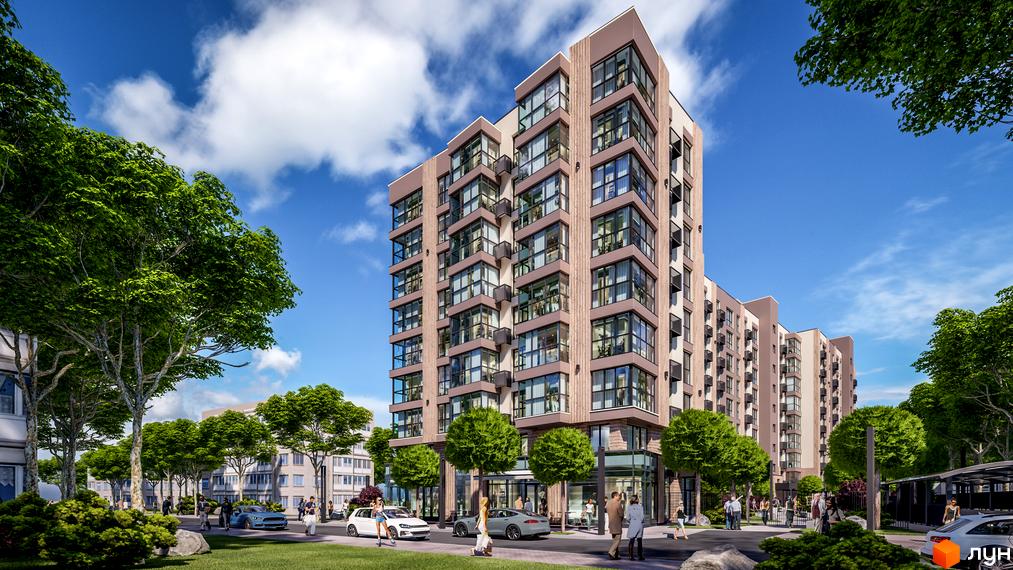 Житловий комплекс PARKOVIY з цегляним фасадом та великими вікнами, оточений зеленими деревами та облаштованою прибудинковою територією.