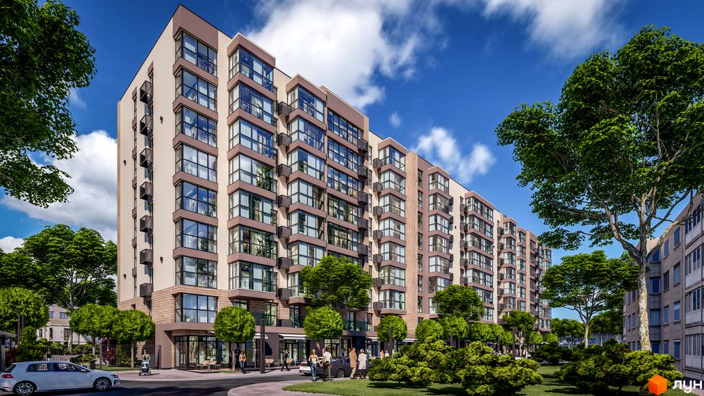 Зовнішній вигляд новобудови ЖК PARKOVIY з численними вікнами та балконами, оточеної зеленими деревами та доглянутою прибудинковою територією.