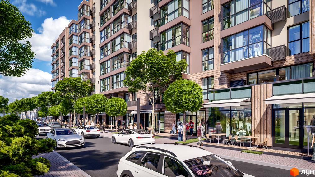 Житловий комплекс PARKOVIY: фасади будівель з панорамними вікнами та балконами, зелені дерева та доглянута прибудинкова територія з місцями для відпочинку.