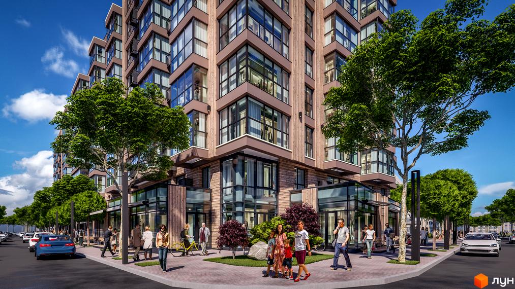 Житловий комплекс PARKOVIY: фасади з дерев'яними елементами та великими вікнами, зелена прибудинкова територія з деревами та пішохідною зоною.