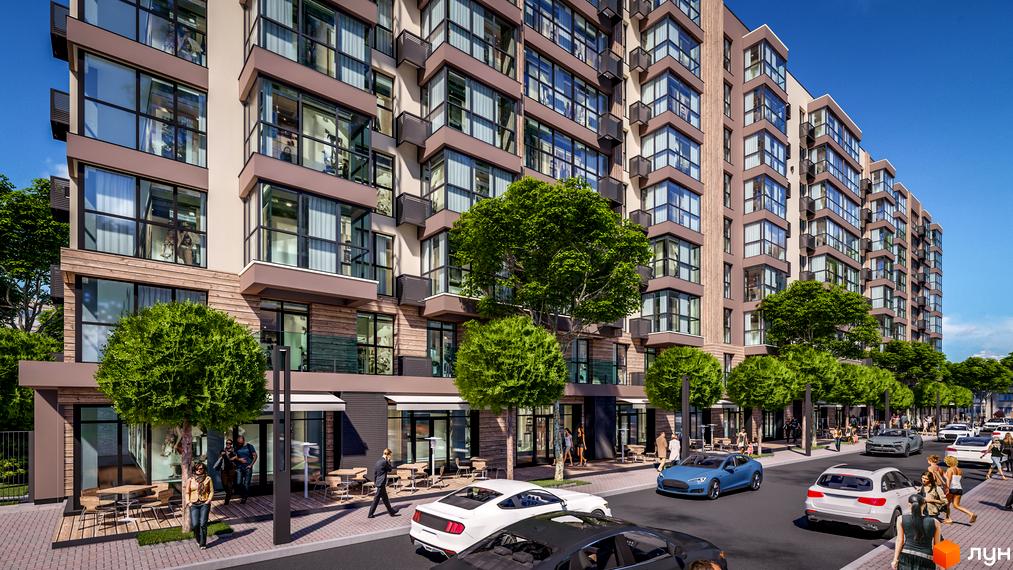 Житловий комплекс PARKOVIY - багатоповерхова новобудова з великими вікнами та балконами. Навколо будинку зелені дерева та облаштована прибудинкова територія з місцями для відпочинку.