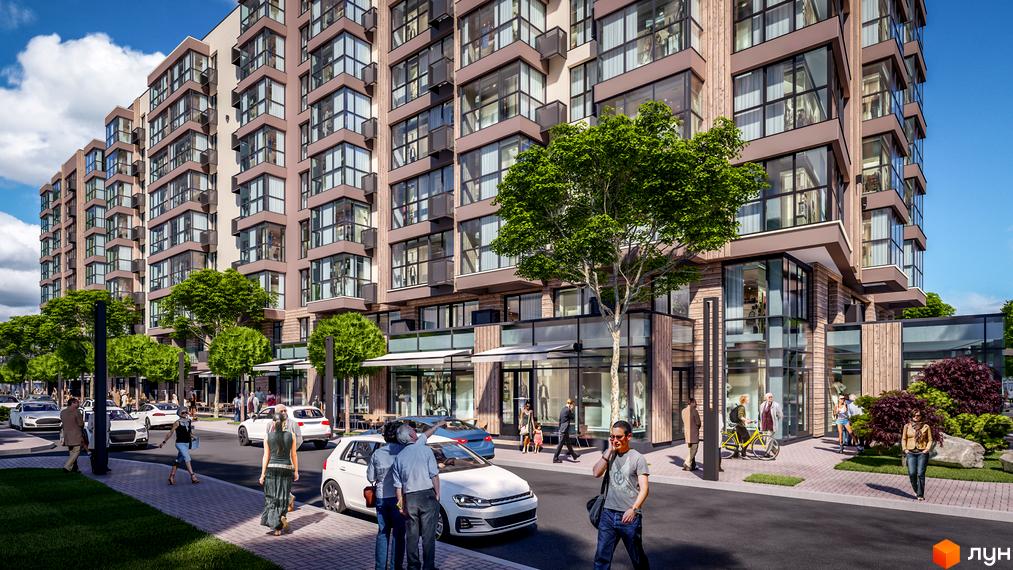 Висотна будівля Житлового комплексу PARKOVIY з великими вікнами та комерційними приміщеннями на першому поверсі. На прибудинковій території висаджені дерева та облаштовані тротуари.