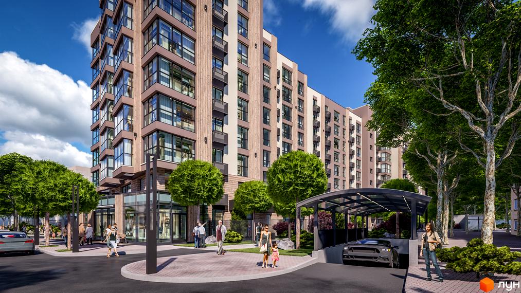 Багатоповерховий будинок ЖК PARKOVIY з панорамними вікнами та прибудинковою територією з зеленими насадженнями та парковкою.