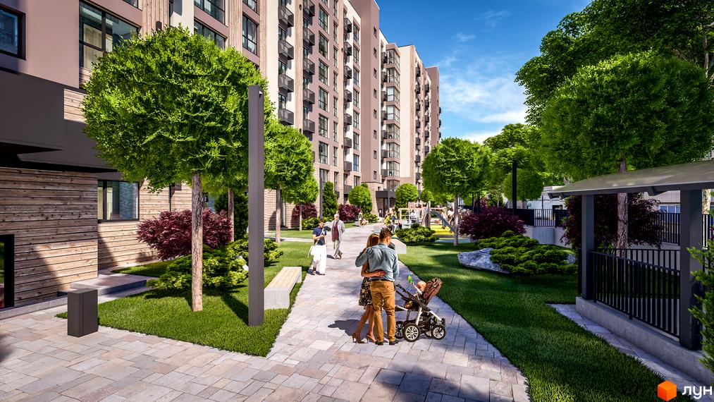 Високоповерхова новобудова ЖК PARKOVIY з сучасним дизайном фасаду. На території комплексу зелені насадження, доріжки для прогулянок та дитячий майданчик.