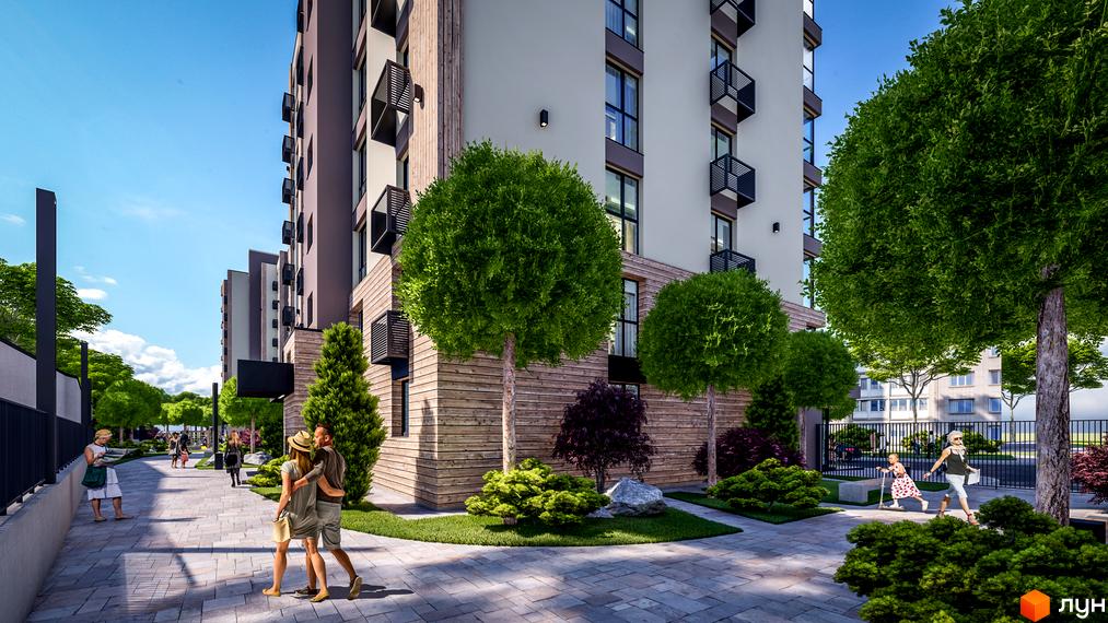 Висотна будівля ЖК PARKOVIY з фасадом світлого кольору та дерев'яним оздобленням. На території комплексу висаджені дерева та облаштовані пішохідні доріжки.