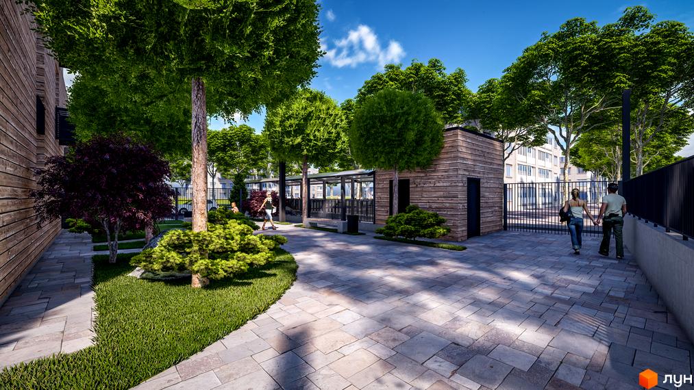 Житловий комплекс PARKOVIY: зелена прибудинкова територія з бруківкою та дерев'яними елементами. Сучасна архітектура новобудови.