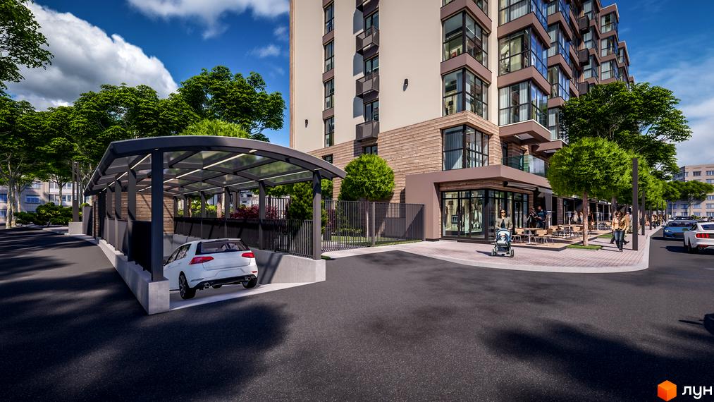 Висотна будівля житлового комплексу PARKOVIY з панорамними вікнами та входом. На території є парковка, зелені насадження та пішохідна зона.