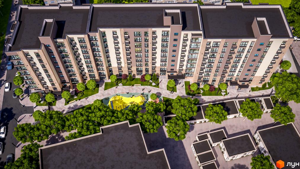 Житловий комплекс PARKOVIY з багатоповерховими будинками та прибудинковою територією з дитячим майданчиком та зеленими насадженнями.