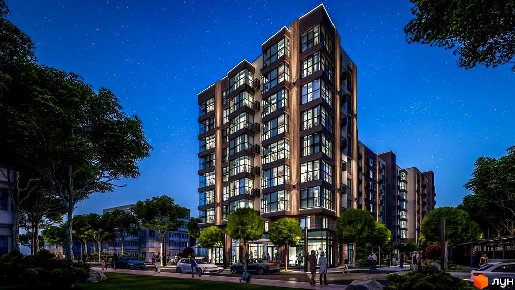 Висотна будівля ЖК PARKOVIY з панорамними вікнами та підсвіткою фасадів. На прибудинковій території зелені насадження, тротуари та припарковані автомобілі.