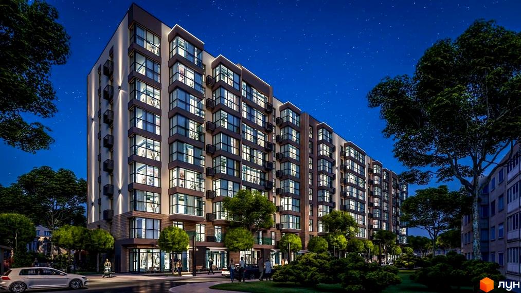 Висотна будівля Житловий комплекс PARKOVIY з великими вікнами, підсвіткою та прибудинковою територією з деревами та кущами.