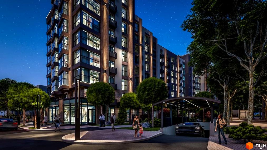 Висотна будівля Житлового комплексу PARKOVIY з великими вікнами, підсвічуванням фасаду та входом. На прибудинковій території зелені насадження, освітлення та парковка.