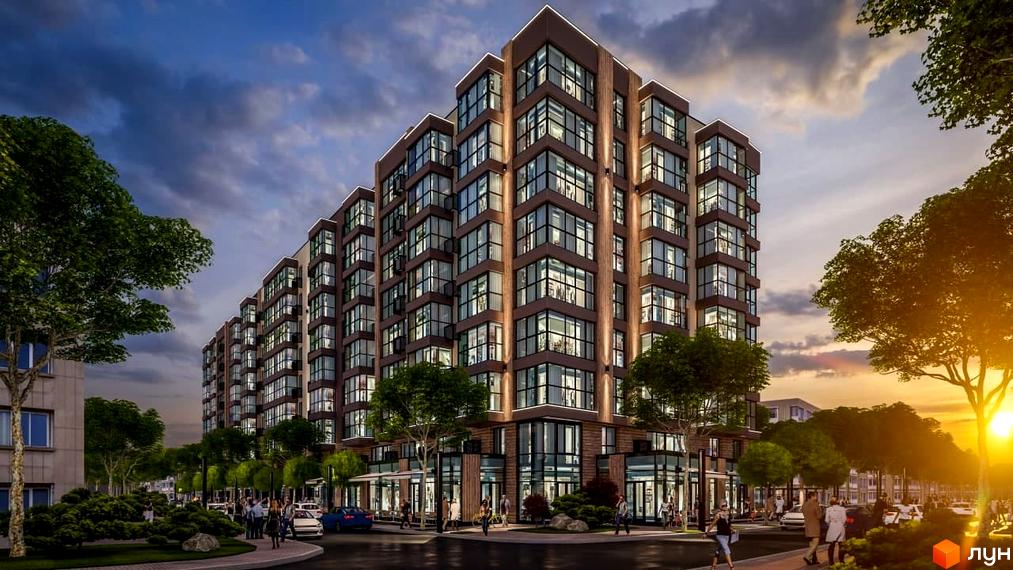 Житловий комплекс PARKOVIY: багатоповерховий будинок з панорамними вікнами та підсвіткою фасаду, зелена прибудинкова територія з деревами та людьми.