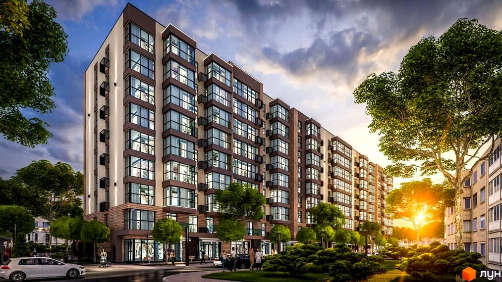 Висотна будівля ЖК PARKOVIY з панорамними вікнами та терасами, доглянута прибудинкова територія з зеленими насадженнями та місцями для відпочинку.