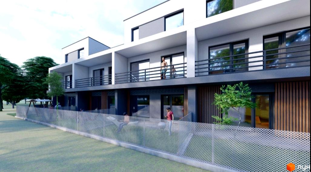 Зовнішній вигляд новобудови на вул. Котирла, 34, з балконами та великими вікнами. На прибудинковій території видно зелені насадження та дитячий майданчик.