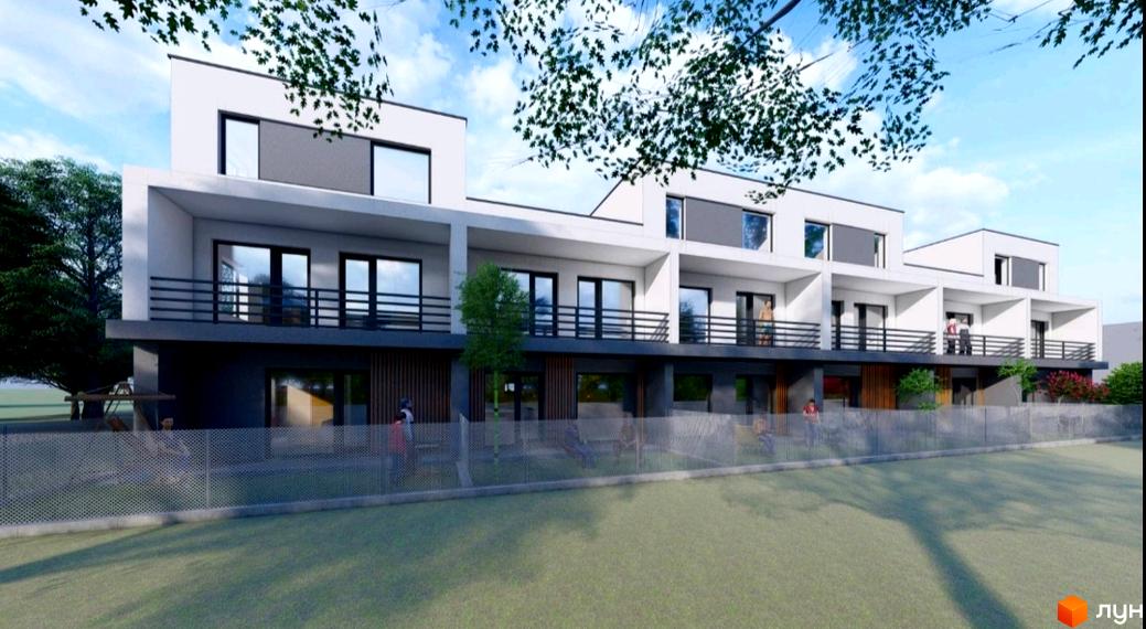 Зовнішній вигляд новобудови на вул. Котирла, 34 з балконами та великими вікнами. На прибудинковій території видно зелену галявину та паркан.