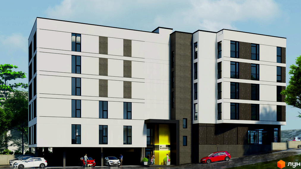 Зовнішній вигляд будинку ЖК На Острозького з білими стінами, темними вікнами та коричневими вставками. На території є парковка та люди.