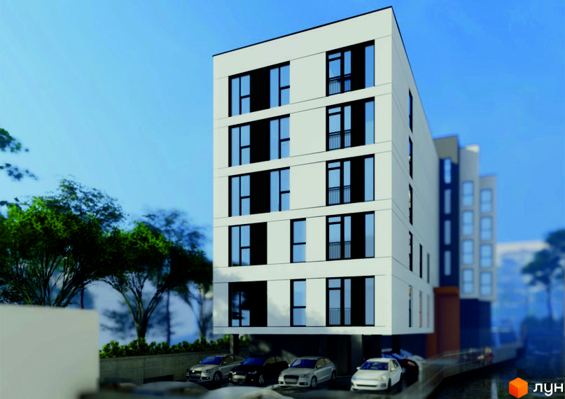 Біла багатоповерхова будівля з великими вікнами та балконами. На прибудинковій території розташовані паркувальні місця та зелені насадження.