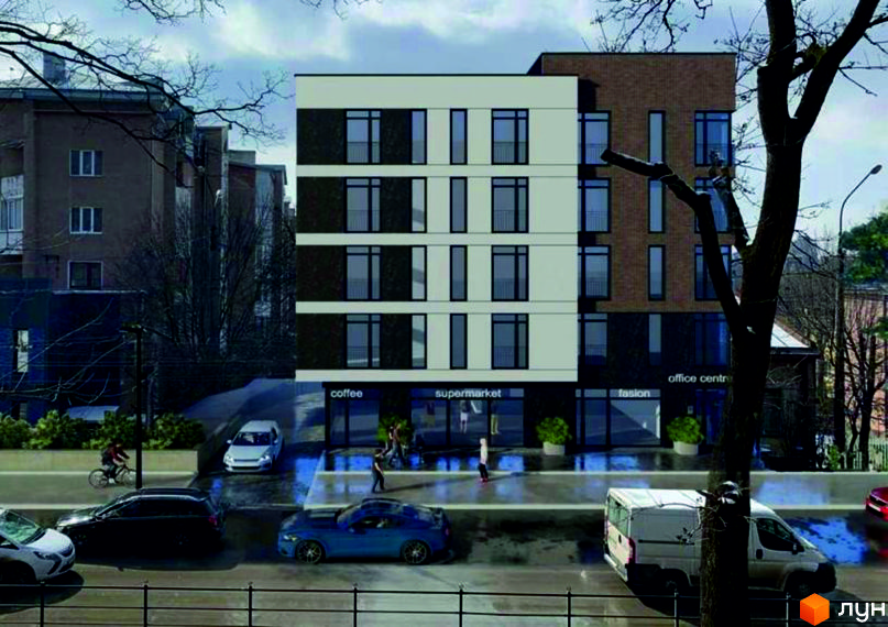 Житловий комплекс На Острозького з фасадом у світлих та темних тонах. Перед будинком розташована дорога з припаркованими автомобілями та пішоходами.