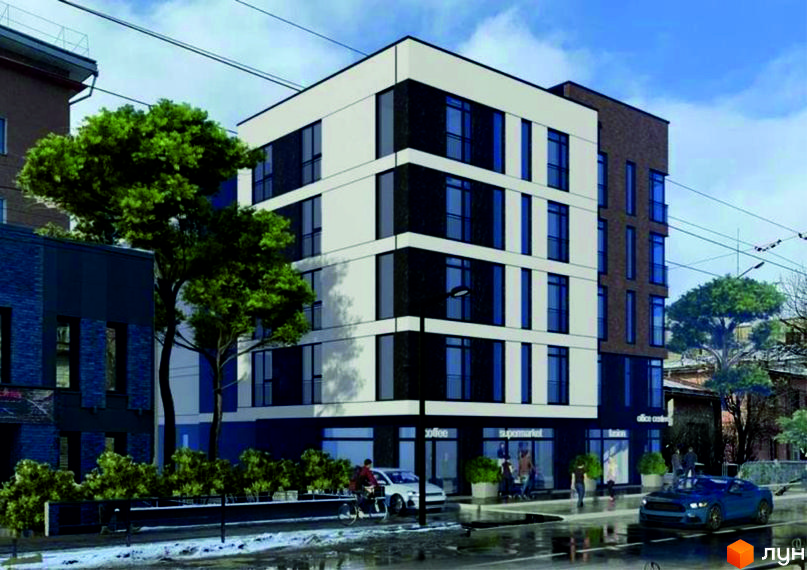 Новобудова ЖК На Острозького має білий фасад з темними вставками та цегляну частину. Перед будинком розташовані дерева та тротуар з пішоходами.