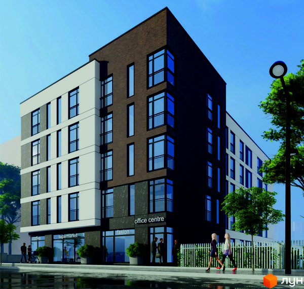 Житловий комплекс На Острозького – це сучасна новобудова з фасадами з цегли та білих панелей, що має комерційні приміщення на першому поверсі та прибудинкову територію з білою огорожею.