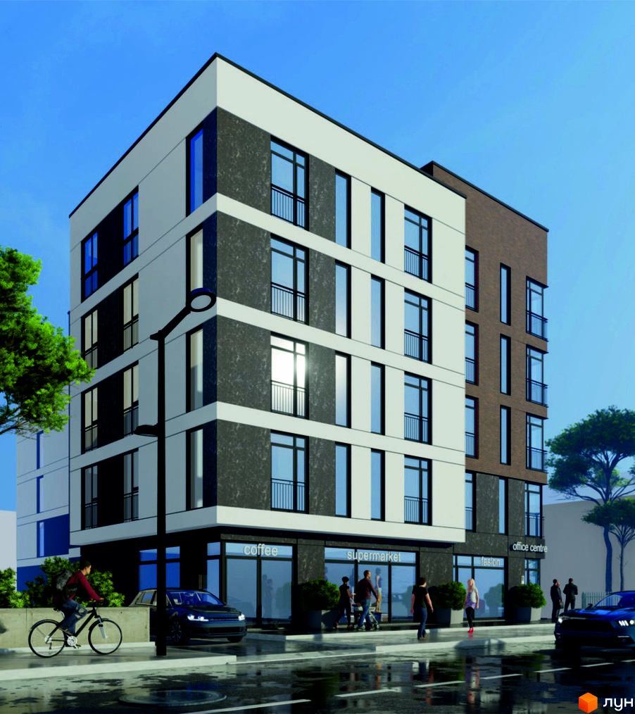 Багатоповерхова будівля ЖК На Острозького з панорамними вікнами та комерційними приміщеннями на першому поверсі. На передньому плані тротуар, автомобілі та люди.