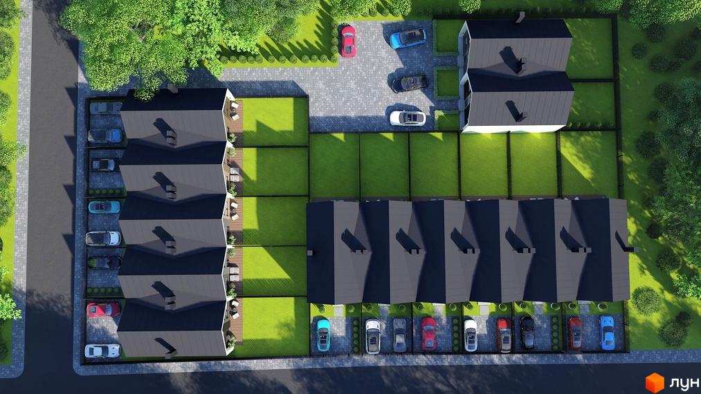 Вид зверху на котеджі КМ Villa Gatne 2 з темними дахами, білими стінами та зеленими газонами. На території є парковка для автомобілів.