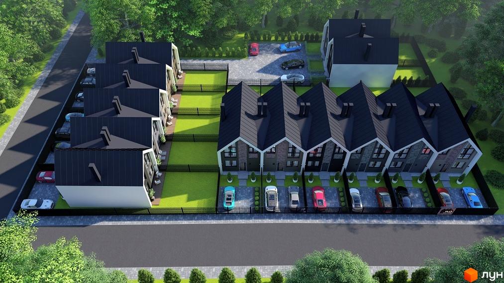 Котеджне містечко Villa Gatne 2 з будинками з темними дахами та доглянутою прибудинковою територією з газонами та місцями для паркування авто.