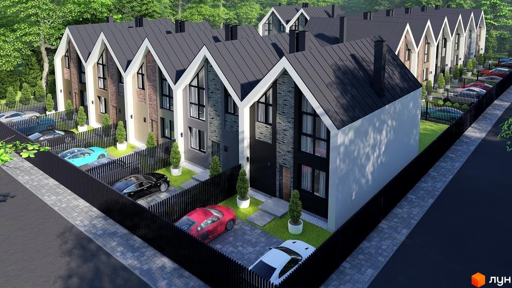 Котеджне містечко КМ Villa Gatne 2: фасади будинків з темним дахом та цегляними вставками, огороджена територія з паркуванням та зеленими насадженнями.