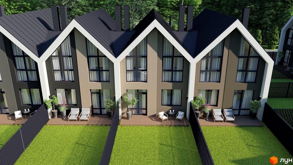 КМ Villa Gatne 2 - сучасний житловий комплекс з двоповерховими будинками та доглянутою прибудинковою територією з газоном та зонами відпочинку.