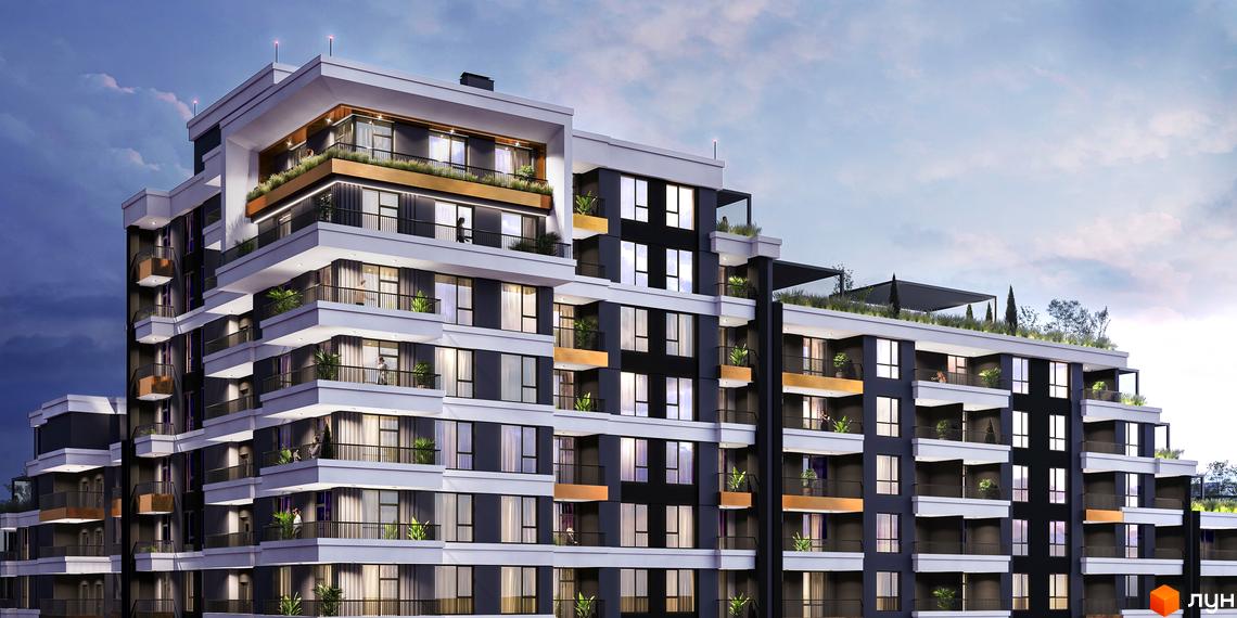 Фасад житлового комплексу MAVERICK RESIDENTIAL COMPLEX з численними балконами та терасами. Будівельний проєкт має багатоповерхову структуру з виступаючими елементами та скляними фасадами.