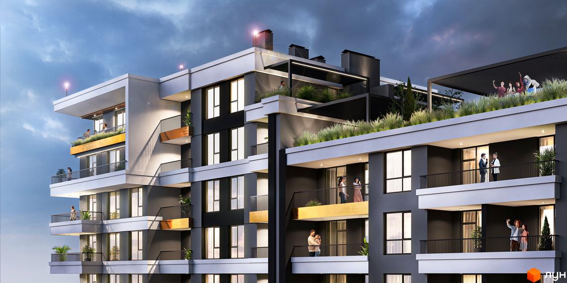 Зовнішній вигляд будинку ЖК MAVERICK RESIDENTIAL COMPLEX з балконами та людьми на них. Навколо будинку зелені насадження та хмарне небо.