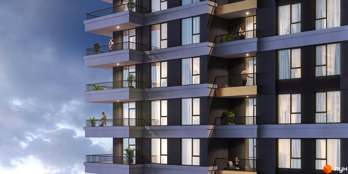 Фасад житлового комплексу MAVERICK RESIDENTIAL COMPLEX з балконами та вікнами на тлі хмарного неба. Люди на балконах.