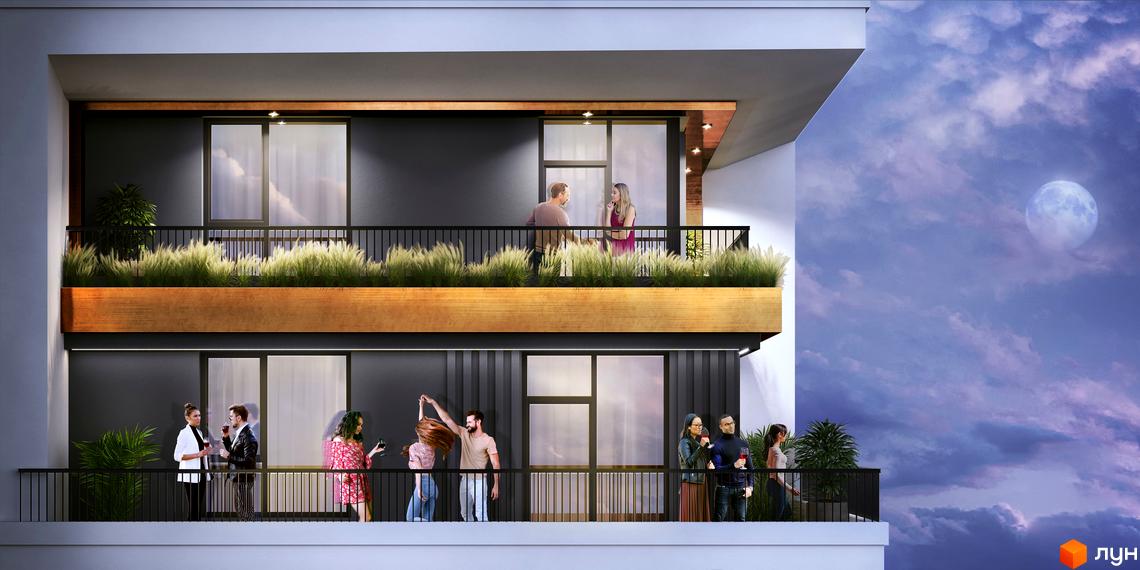 MAVERICK RESIDENTIAL COMPLEX: фасади будівель з балконами та людьми, що відпочивають на них. Навколо зелені насадження та нічне небо з місяцем.