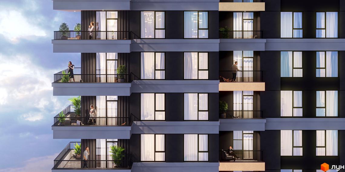 Фасад житлового комплексу MAVERICK RESIDENTIAL COMPLEX з балконами та вікнами. На балконах видно людей та зелені насадження.