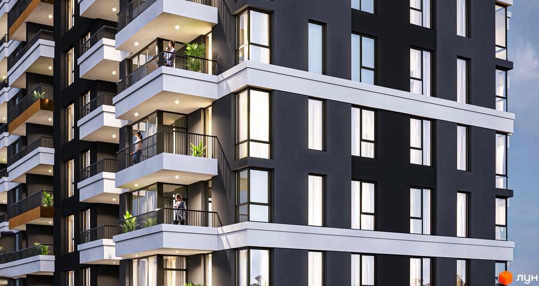 Зовнішній вигляд житлового комплексу MAVERICK RESIDENTIAL COMPLEX з балконами та вікнами. Фото новобудови.