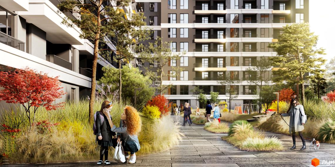 Житловий комплекс MAVERICK RESIDENTIAL COMPLEX з упорядкованою прибудинковою територією та зеленими зонами. На зображенні видно фасад будівлі та зону відпочинку з людьми.