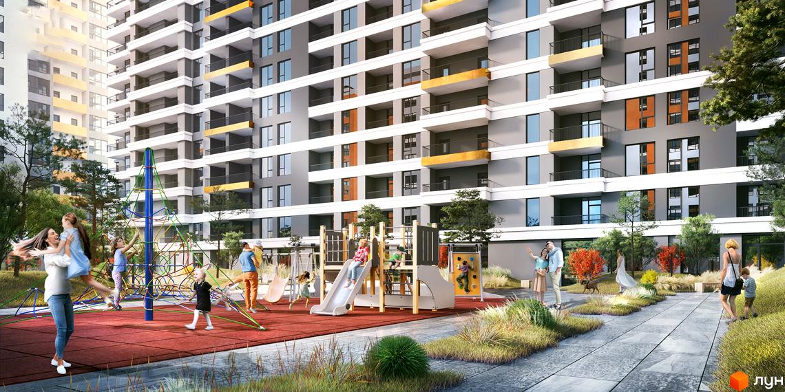 Житловий комплекс MAVERICK RESIDENTIAL COMPLEX з дитячим майданчиком та зонами відпочинку. Сучасна архітектура новобудови з балконами та великими вікнами.