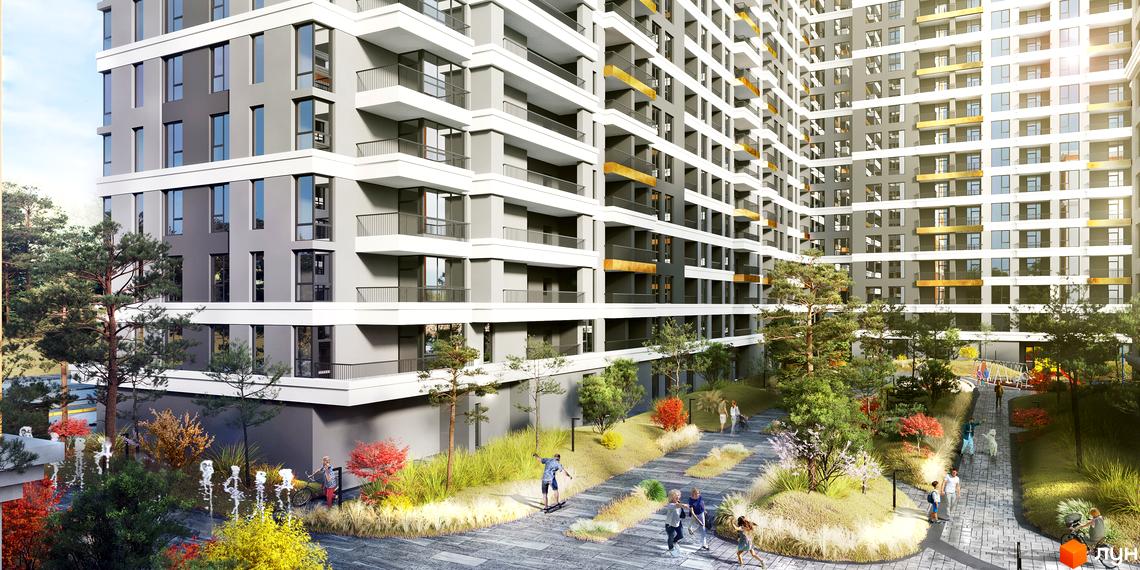 Житловий комплекс MAVERICK RESIDENTIAL COMPLEX з сірими фасадами та білими балконами. Прибудинкова територія з деревами, кущами та пішохідними доріжками.