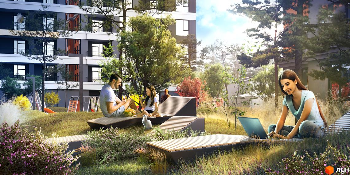 Житловий комплекс MAVERICK RESIDENTIAL COMPLEX з прибудинковою територією, де люди відпочивають на лаунж-зоні біля будинку.